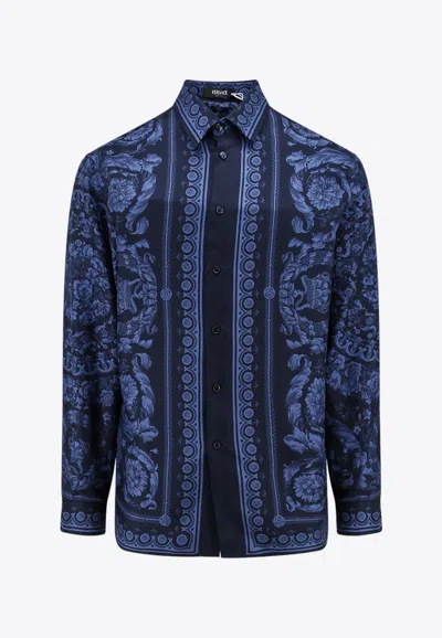 Shop Versace Barroco Print Silk Shirt In Blue