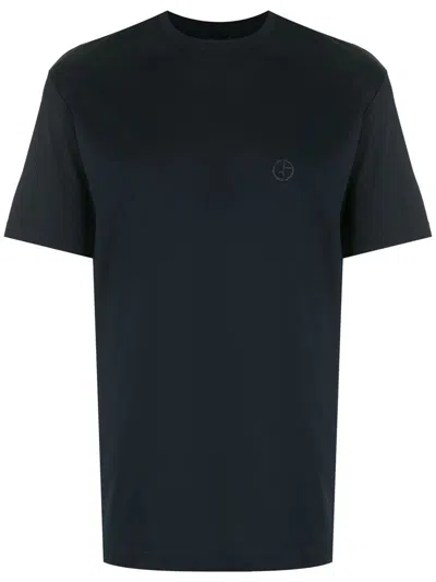 Shop Giorgio Armani Embroidered Logo T-shirt Clothing In Blue