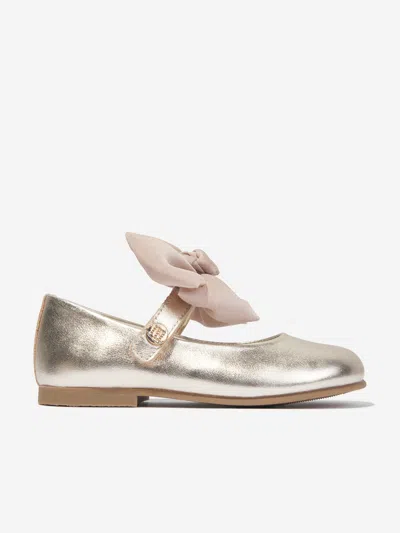 Shop Andanines Girls Leather Bow Shoes In Gold