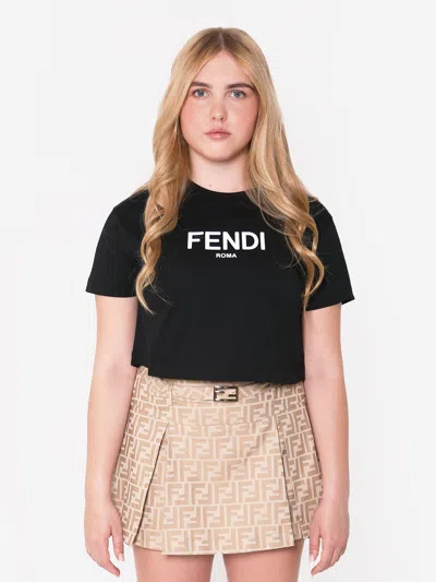 Shop Fendi Girls Cropped Logo T-shirt In Black