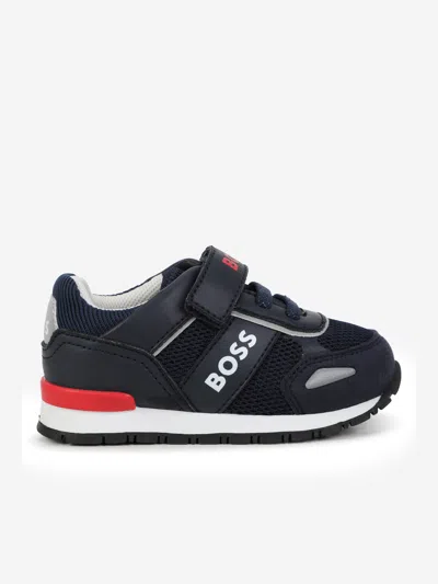 Shop Hugo Boss Boys Leather Logo Trainers In Blue
