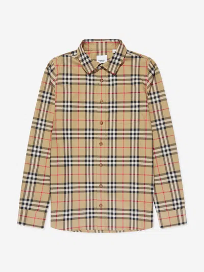 Shop Burberry Boys Owen Long Sleeve Check Shirt In Beige
