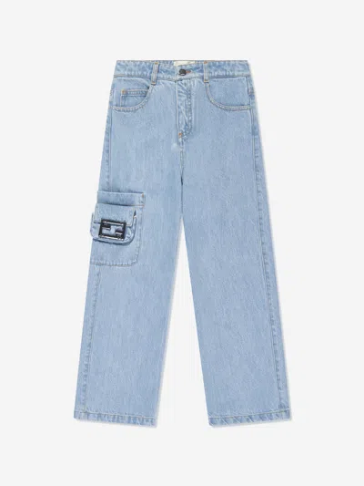 Shop Fendi Girls Cargo Baguette Bag Jeans In Blue