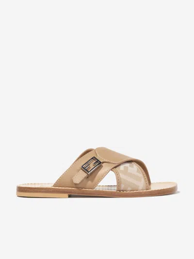 Shop Fendi Girls Leather Ff Logo Sandals In Beige