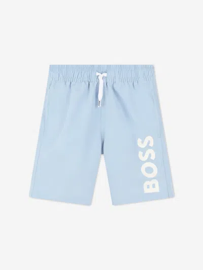 Shop Hugo Boss Boys Logo Print Swim Shorts In Blue
