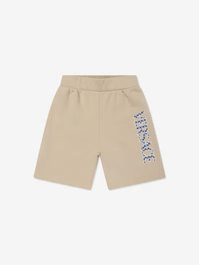 Versace Logo-embroidered Fleece Shorts In Beige