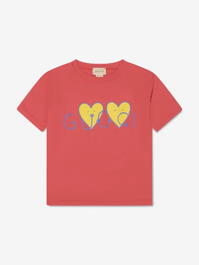 Shop Gucci Girls Heart Print Logo T-shirt In Red