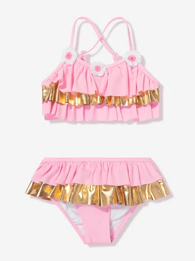 Nessi Byrd Girls Frilly Crochet Flower River Bikini In Pink