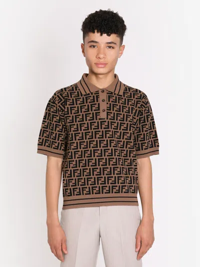 Shop Fendi Boys Ff Knit Polo Shirt In Brown