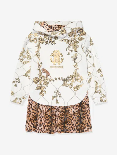 Roberto Cavalli Girls Ivory Arabesque & Leopard Dress In White