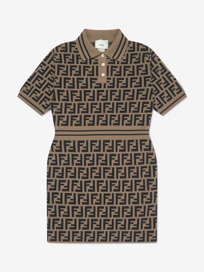 Shop Fendi Girls Ff Logo Knitted Dress In Brown