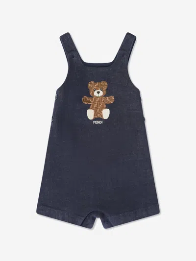 Shop Fendi Baby Bear Denim Short Dungarees In Blue