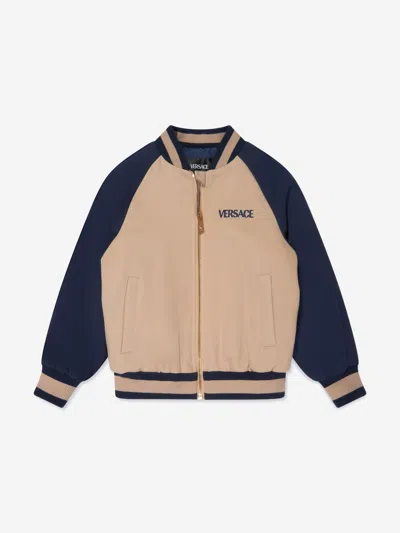 Shop Versace Boys Embroidered Logo Bomber Jacket In Beige