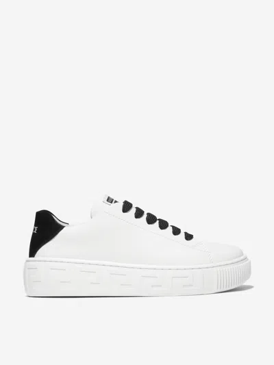 Shop Versace Kids Leather Logo Trainers In White