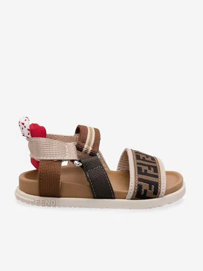 Shop Fendi Kids Leather And Fabric Ff Logo Sandals In Beige