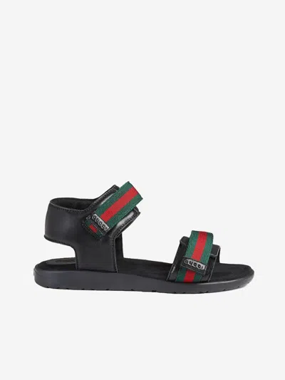 Shop Gucci Unisex Leather Sandals With Web Eu 31 Uk 12.5 Black