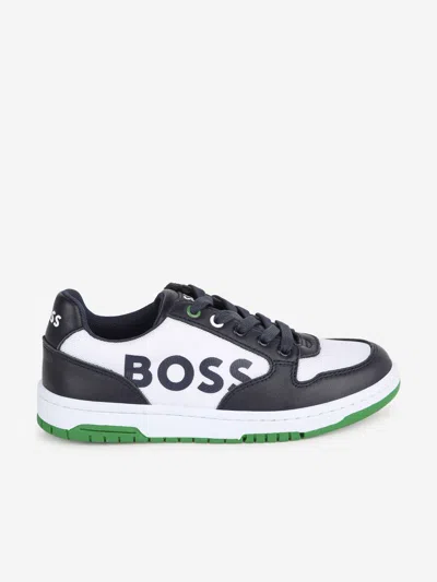 Shop Hugo Boss Boys Leather Logo Trainers In Blue