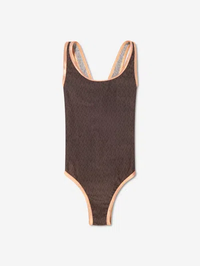 Shop Michael Kors Girls Patterned Swimming Costume In Brown