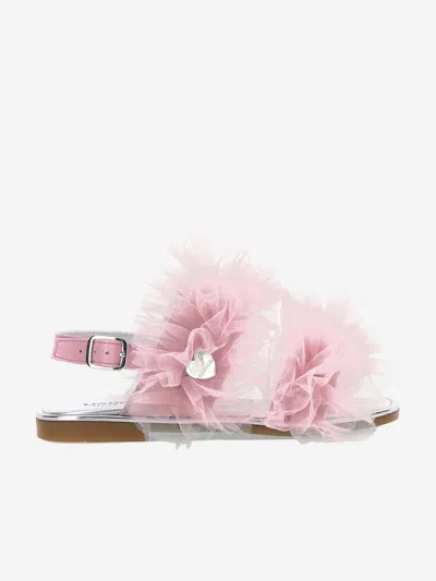 Monnalisa Nappa Leather Sandals With Tulle Ruffles In Pink