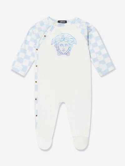 Shop Versace Baby Boys Damier Medusa Babygrow In Blue