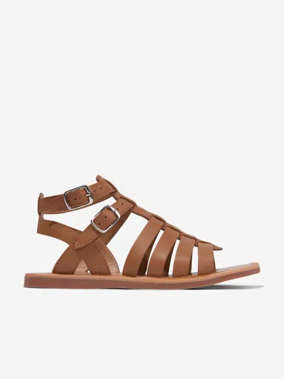 Shop Pom D'api Girls Leather Plagette Gladiator Sandals In Brown