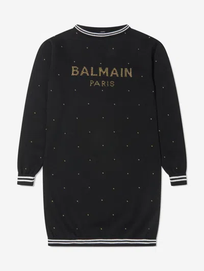 Balmain Girls Wool Knitted Logo Dress 10 Yrs Black In Black