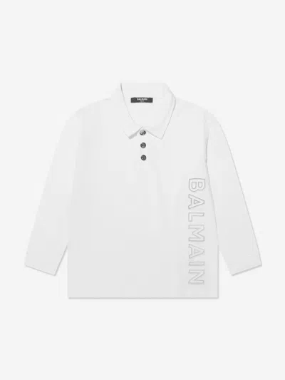 Shop Balmain Boys Long Sleeve Polo Shirt In White