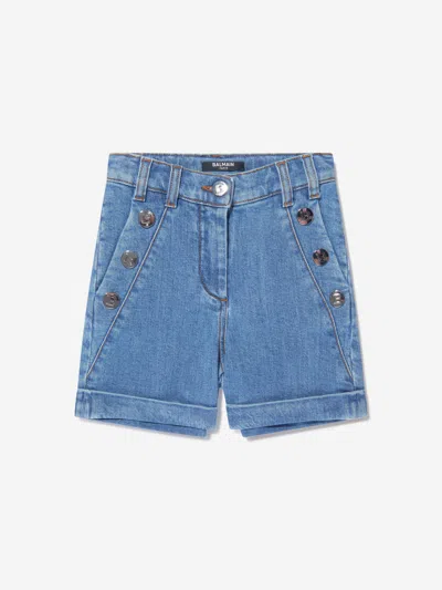 Shop Balmain Girls Denim Shorts In Blue