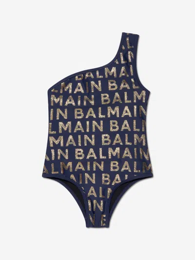 Shop Balmain Girls One Shoulder Logo Swimsuit In Blue