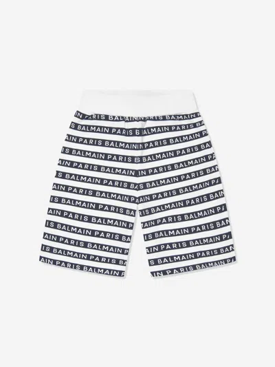Shop Balmain Boys Striped Logo Shorts In Blue