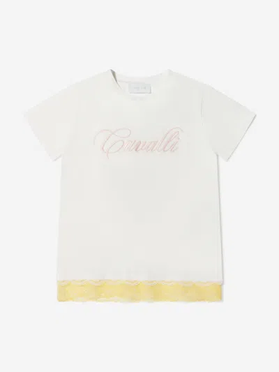 Shop Roberto Cavalli Girls Cotton Logo T-shirt With Lace Hem 8 Yrs White