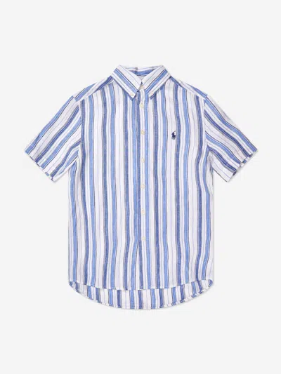 Shop Ralph Lauren Boys Striped Short Sleeve Shirt In Blue