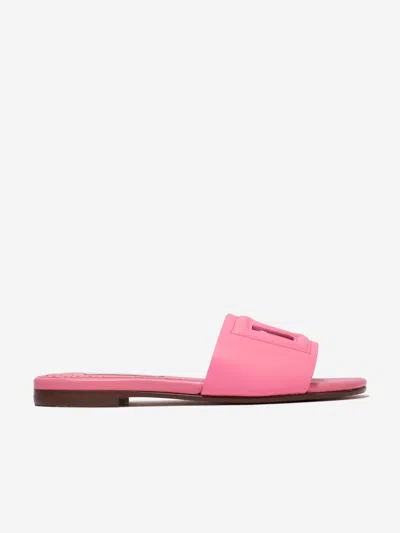 Shop Dolce & Gabbana Girls Leather Logo Slider Sandals In Pink