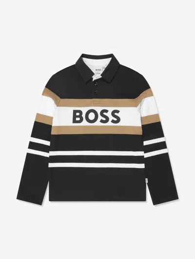 Shop Hugo Boss Boys Long Sleeve Striped Polo Shirt In Black