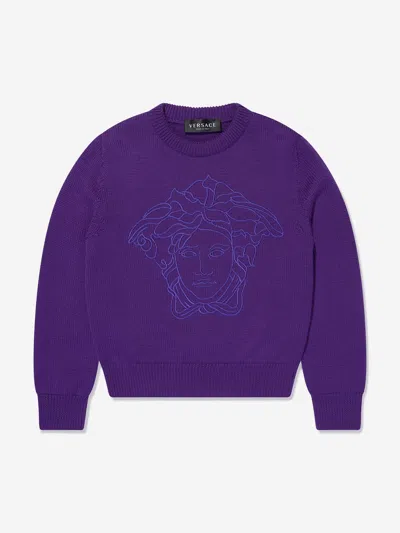 Shop Versace Girls Wool Logo Jumper In Purple