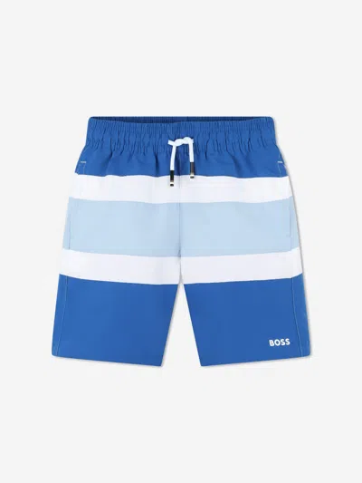 Shop Hugo Boss Boys Striped Swim Shorts In Blue