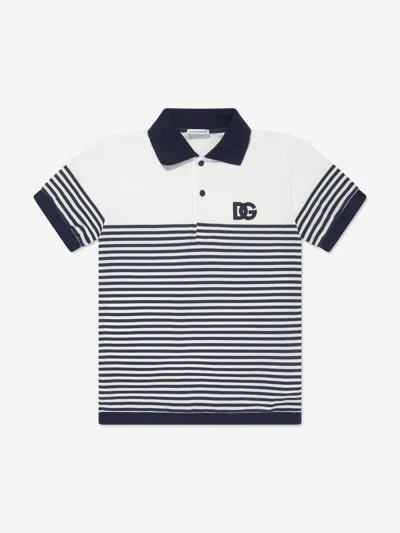 Shop Dolce & Gabbana Boys Striped Logo Polo Shirt In Blue