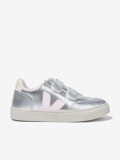 Shop Veja Kids Chromefree Leather V-12 Trainers In Silver