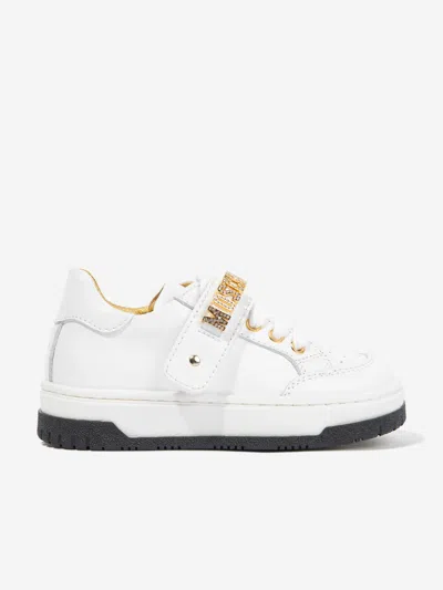Shop Moschino Girls Leather Logo Trainers In White