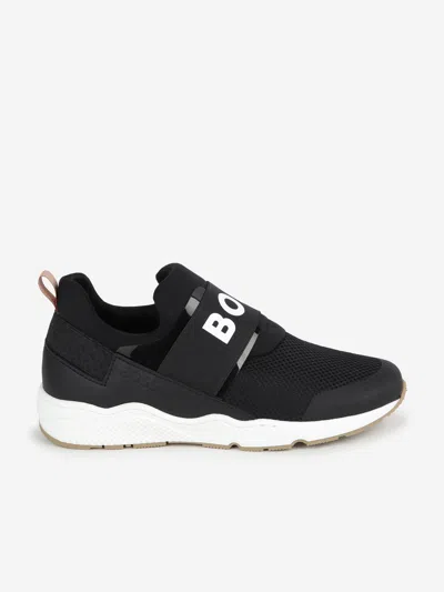 Shop Hugo Boss Boys Mesh And Leather Logo Trainers In Black