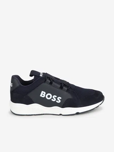 Shop Hugo Boss Boys Leather And Mesh Logo Trainer In Blue