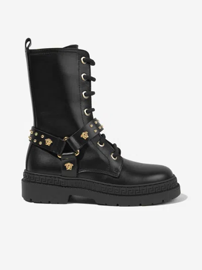 Versace Girls Leather Biker Boots In Black