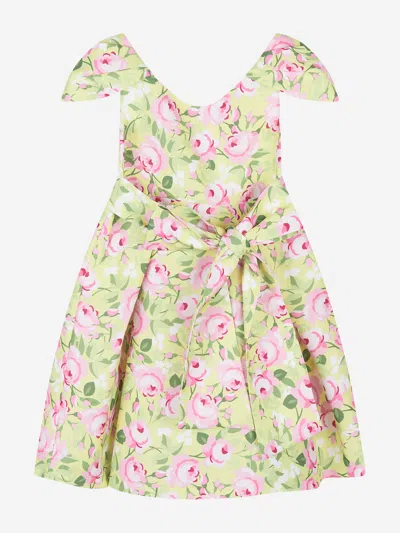 Mama Luma Girls Flower Print Dress With Belt In Green