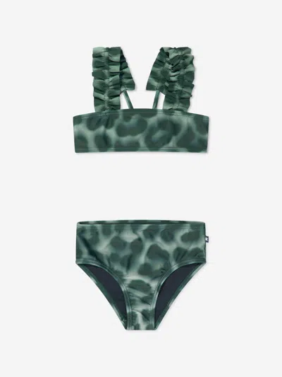 Shop Molo Girls Leopard Print Ruffle Bikini In Green