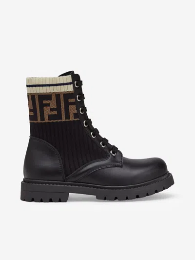 Shop Fendi Kids Leather Ff Logo Biker Boots In Brown