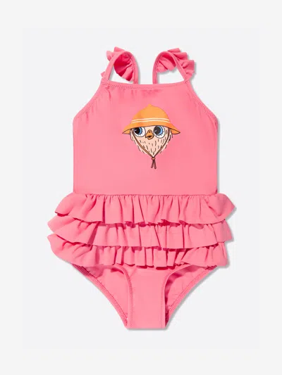 Shop Mini Rodini Girls Owl Frill Swimsuit In Pink