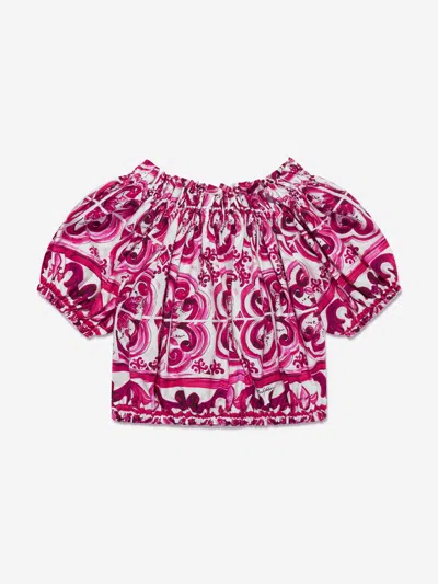 Shop Dolce & Gabbana Girls Majolica Cropped Blouse In Pink