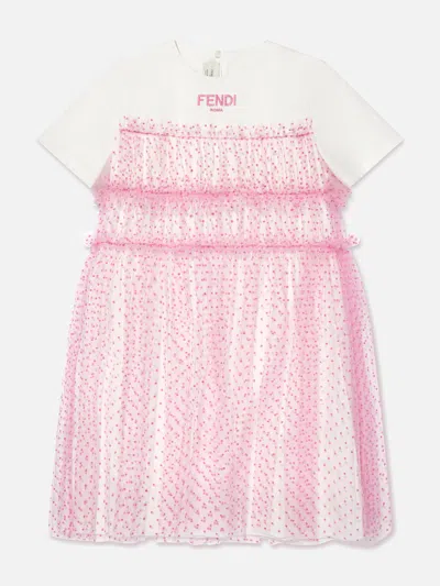 Shop Fendi Girls Logo Tulle Dress In Pink
