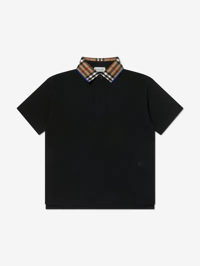 Shop Burberry Boys Check Collar Johane Polo Shirt In Black