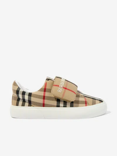 Shop Burberry Kids Cotton Check Velcro Strap Trainers In Beige
